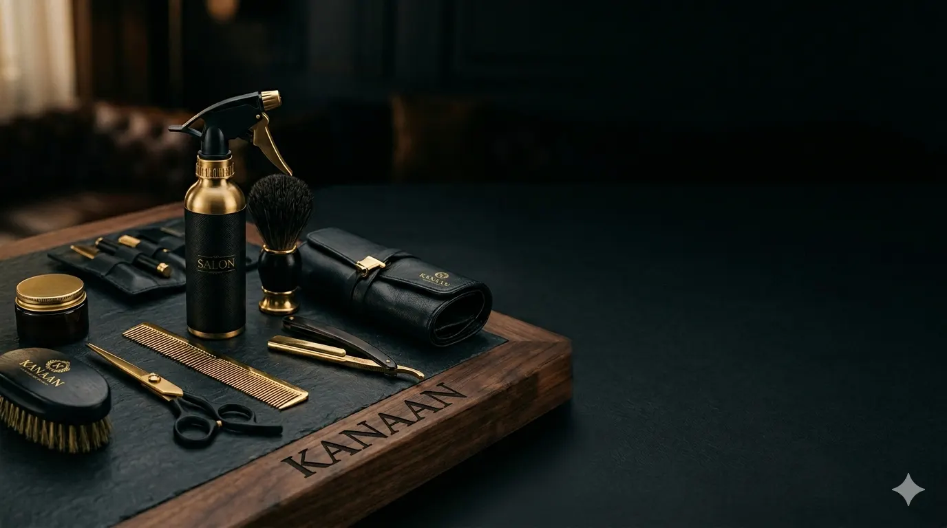 Kanaan branded grooming tools on wooden board