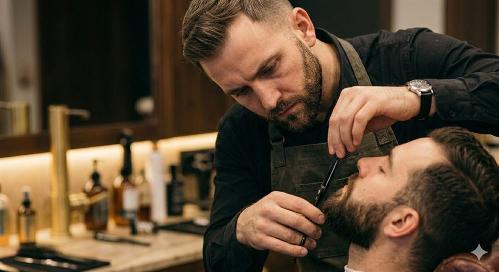 Complete Grooming Package — barber giving a beard trim at Kanaan